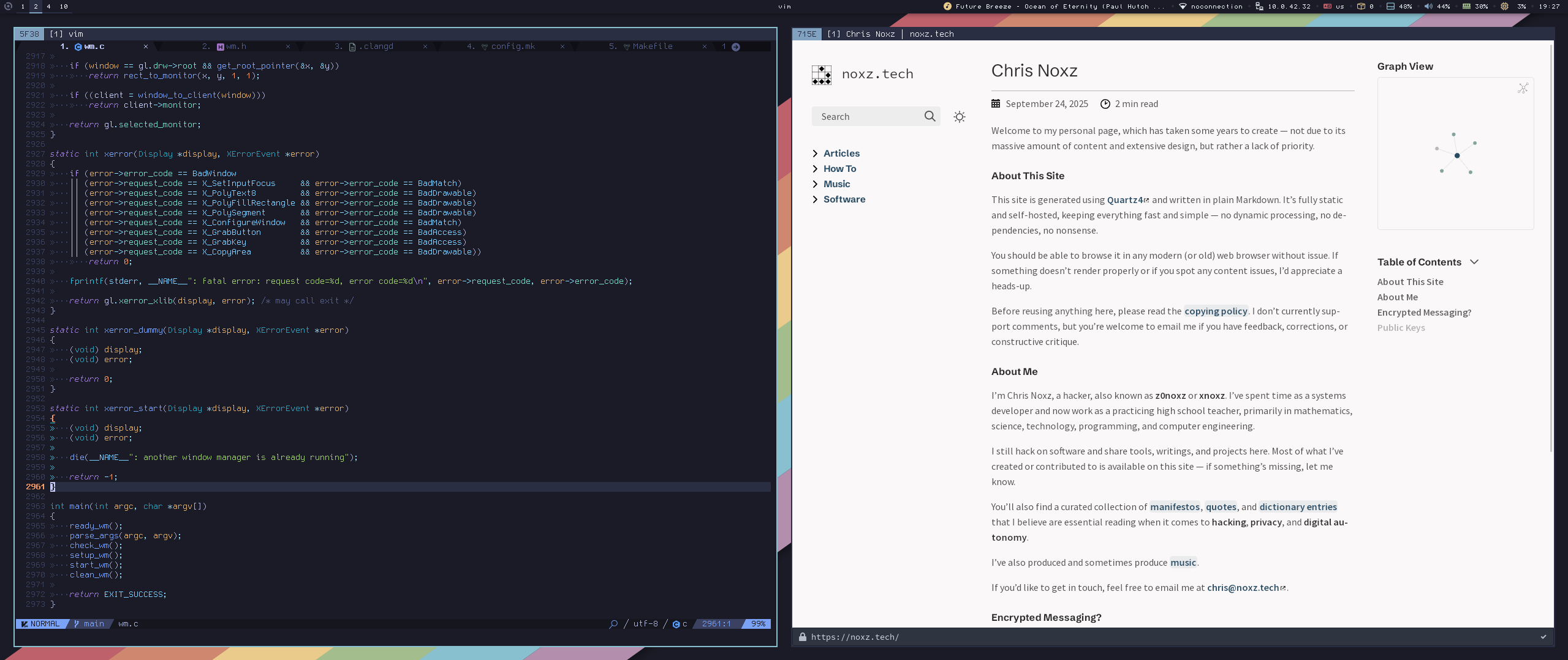 noxzbox window manager showing grid layout with multiple terminals and polybar status bar